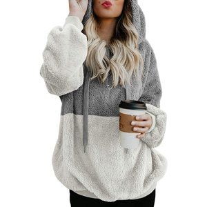 Elapsy Womens Casual Colorblock Fuzzy Zip Loose Pu